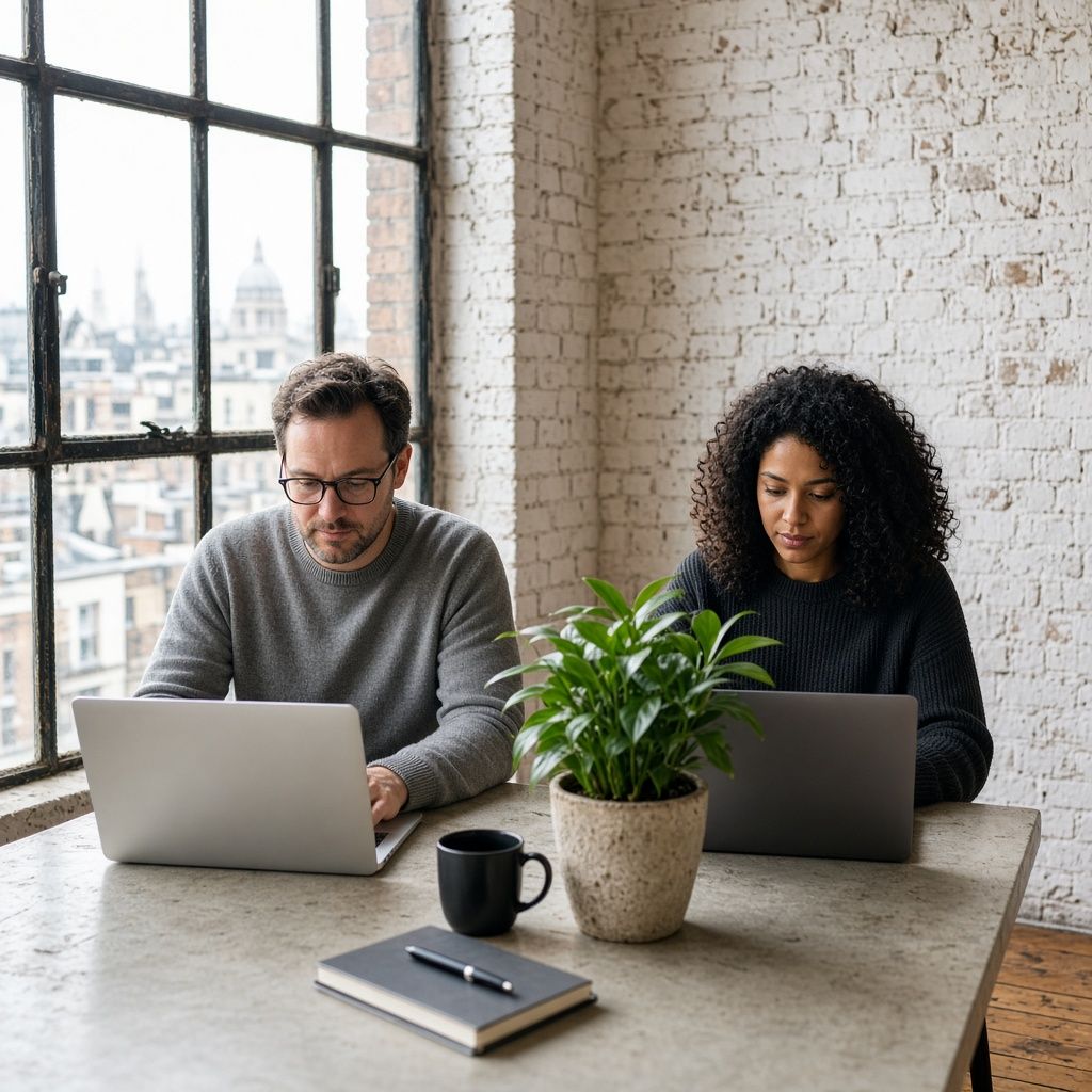 Two analysts working on laptops in a bright London loft