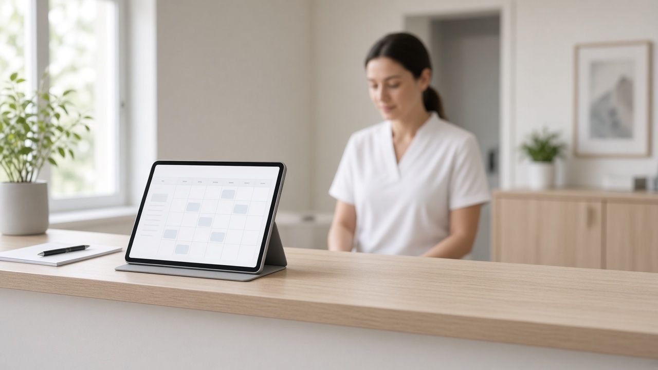 A clinic reception desk with a booking calendar on a tablet