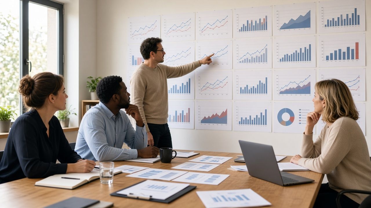 Retail analysts reviewing printed sales charts