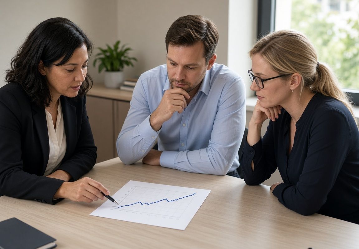 A finance team discussing a forecast at a table