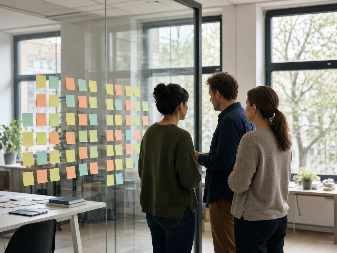 A workshop with sticky notes on a glass wall